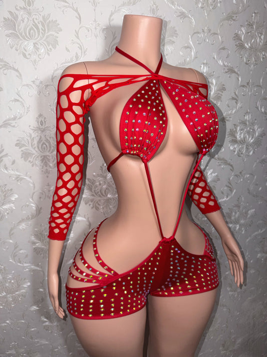 Million Dollar Baby Rhinestone Bumster Romper Set With Fishnet Shrug Fits M-L