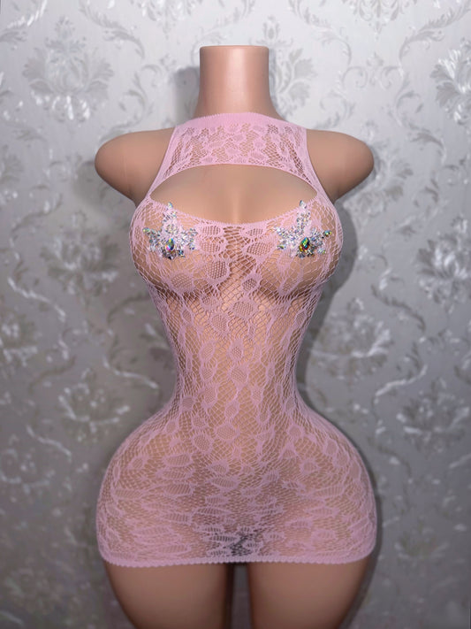 Baby Pink Royalty Plain Cheetah Fishnet Dress Fits XS-L