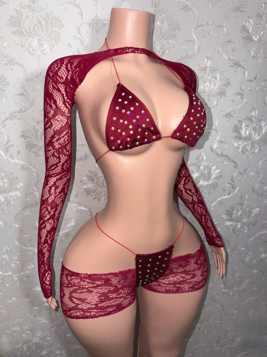 Suriyah Fishnet Cutoff Shorts Bikini and Shrug 4 Piece Set Fits XS-L