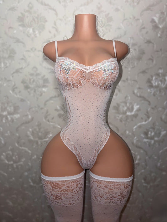 Crystal Baller Rhinestone Fishnet Bodysuit with Thigh Highs Set Fits XS-XL