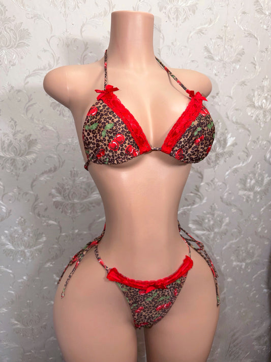 Sweet Cherry Pie Lace Trim Leopard Bikini