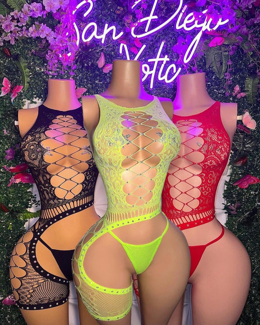 Soda Pop Asymmetrical Lace Fishnet Romper with Thong Fits XS-M