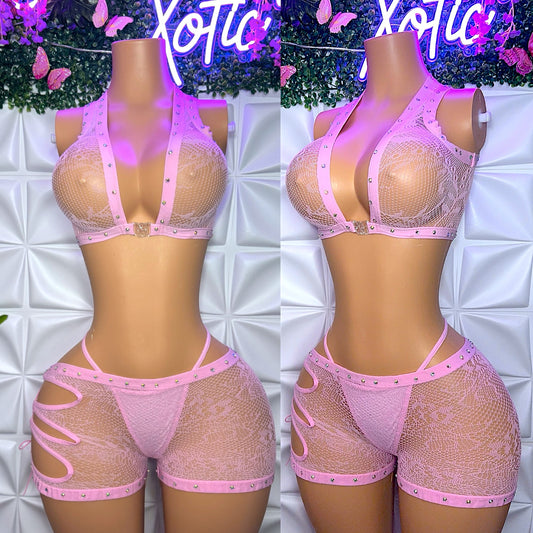 Ms. Daisy 3 Piece Fishnet Shorts Set With Thong Fits S-XL