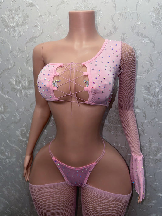 Alize Extra Rhinestones Bell Sleeve Cutoff Fishnet 3 Piece Set