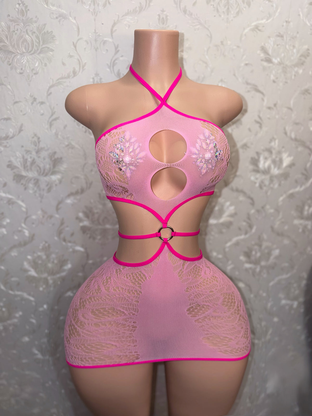 Cassie Baby Pink Two Tone Fishnet Lace Dress Fits XS-L