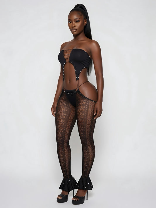 I Got Motion Low Rise Fishnet Jumpsuit 2 Piece Set With Thong Fits S-L
