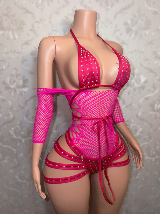 Hot Pink Georgia Peach + Teyana Fishnet Dress 3 Piece Set Fits XS-M