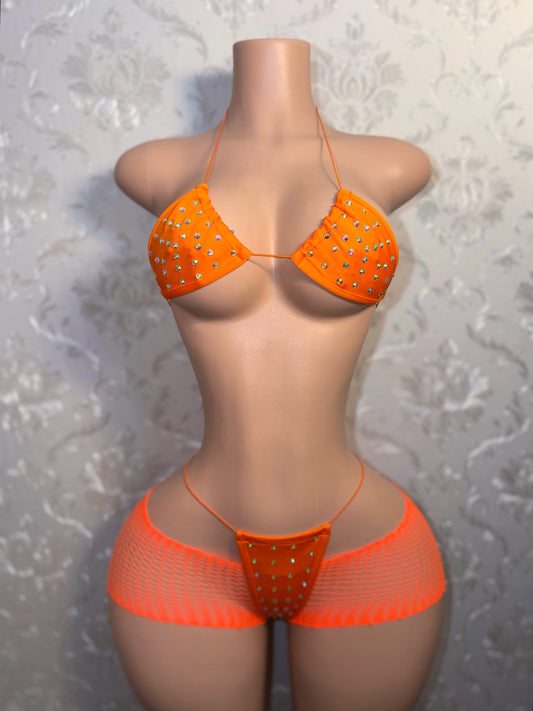 Martina 3 Piece Bikini and Cutoff Fishnet Shorts Set Fits S-XL