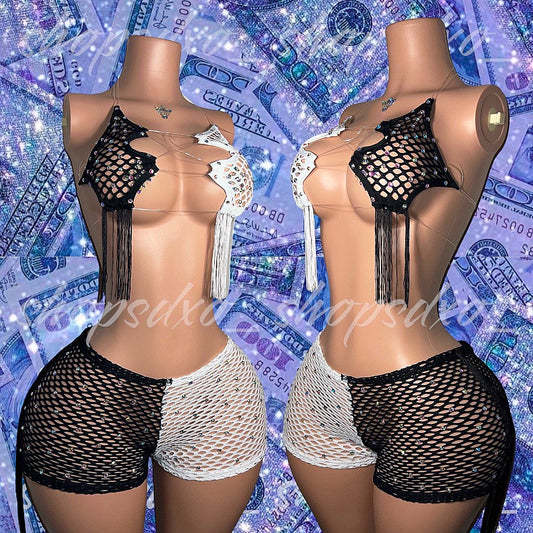 Salt N Pepa Two Tone 2 piece Fishnet Tassel Shorts Set with Rhinestones Fits M