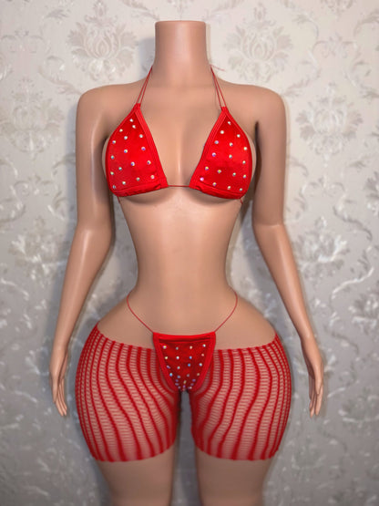 Chloe Rhinestone 3 Piece Bikini Set and Cut Off Fishnet Shorts