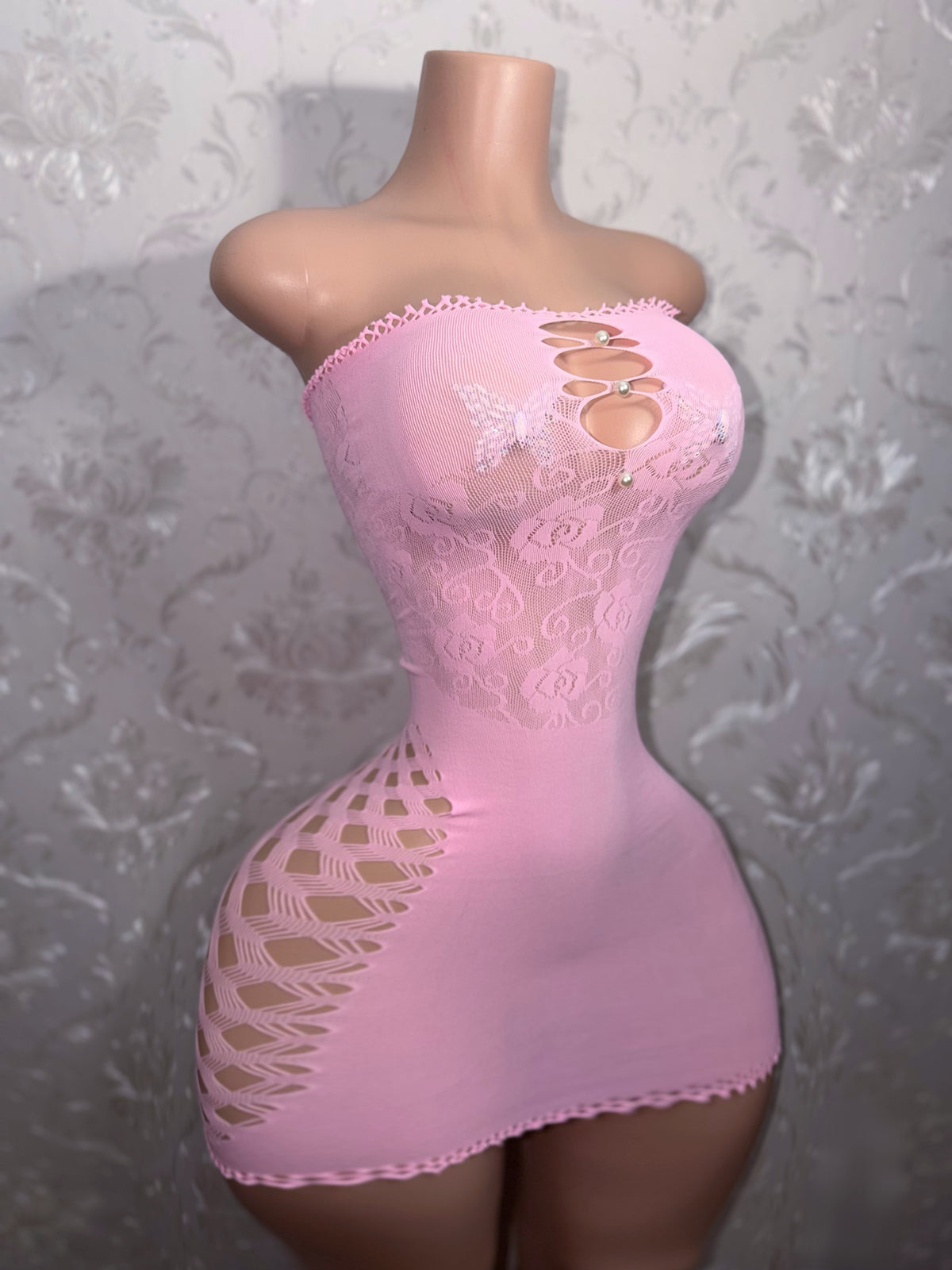 Rosewater Strapless Fishnet Mini Dress Fits S-XL