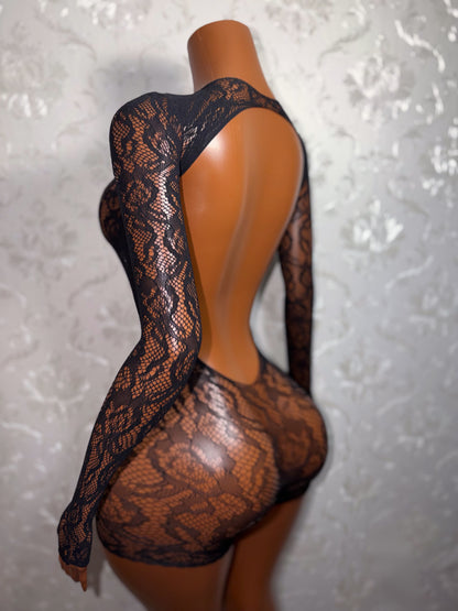 Suriyah Long Sleeve Backless Rose Fishnet Romper Fits XS-L