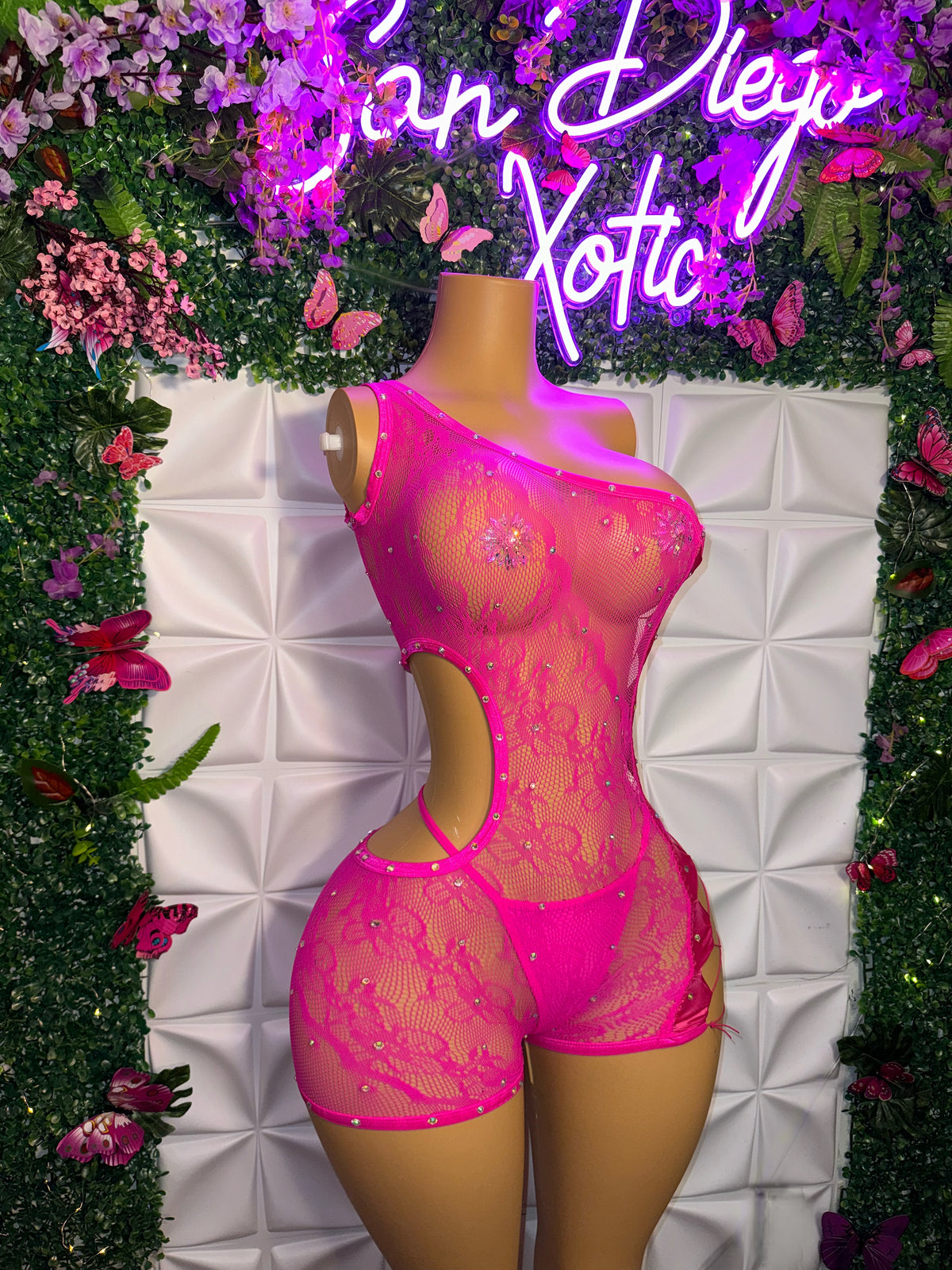 XTC Diamond Floral Lace Fishnet Romper Set with Thong Fits XS-L