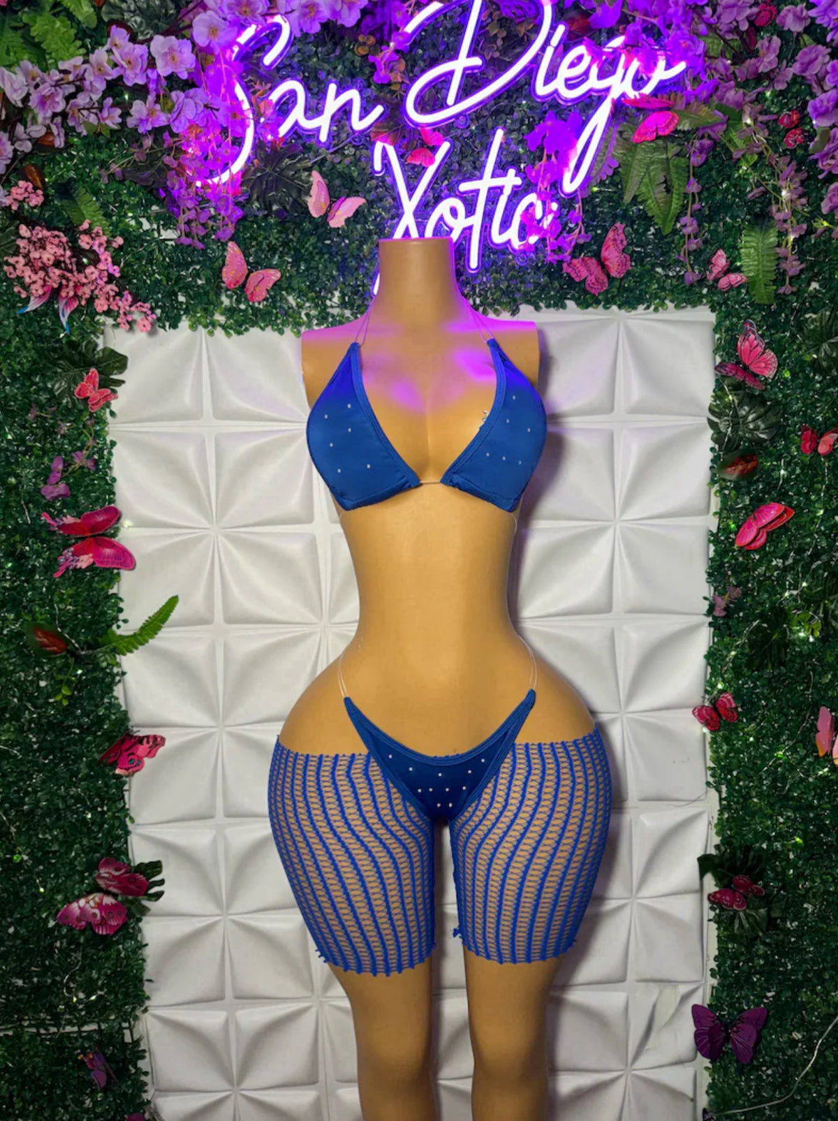 Chyna 3 Piece Set Triangle Bikini with Stones & Cut-Off Fishnets
