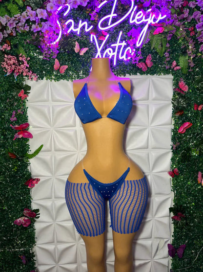 Chyna 3 Piece Set Triangle Bikini with Stones & Cut-Off Fishnets