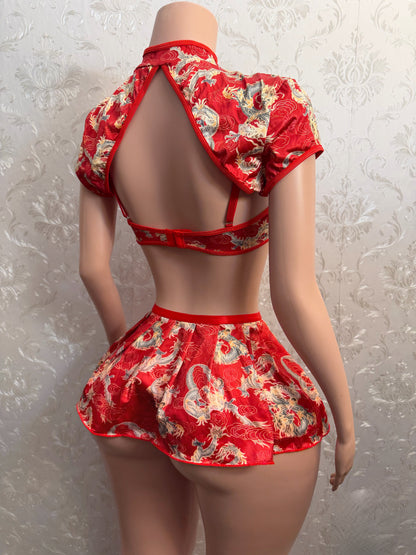 Chinese Dragon 5 Piece Set With Sheer Red Stockings