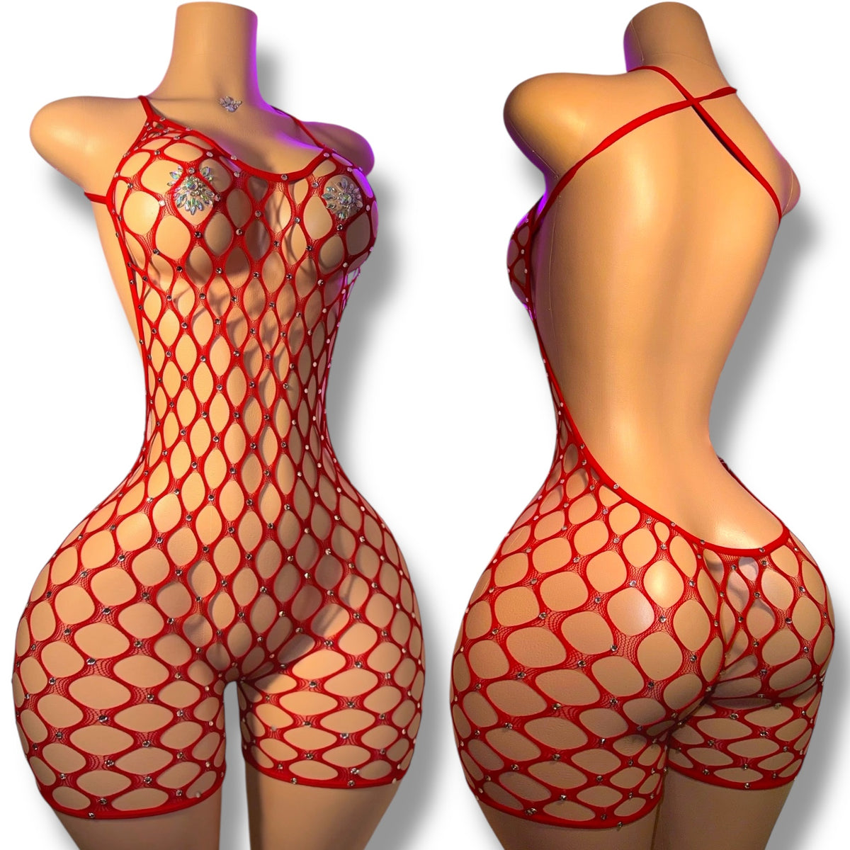 Apple Bottom Full Coverage Rhinestones Fishnet Romper Fits XS-M