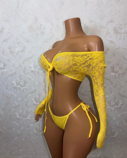 Venus Fishnet Criss Crossed Long Sleeve Top and Thong Fits XS-L