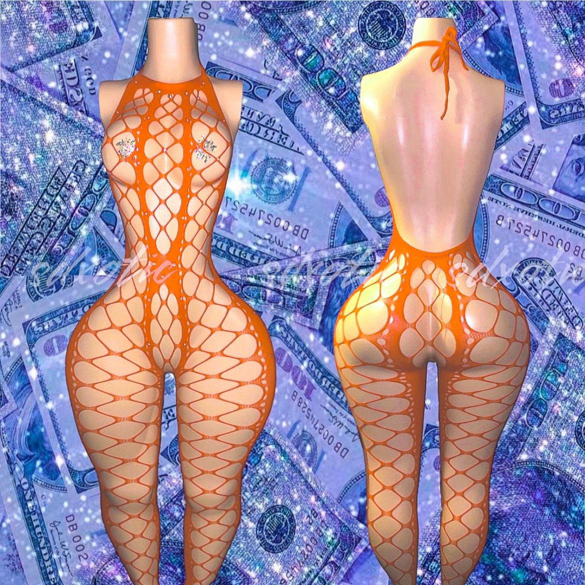 Giana Halter Fishnet Bodystocking Optional Rhinestones Fits XS-L