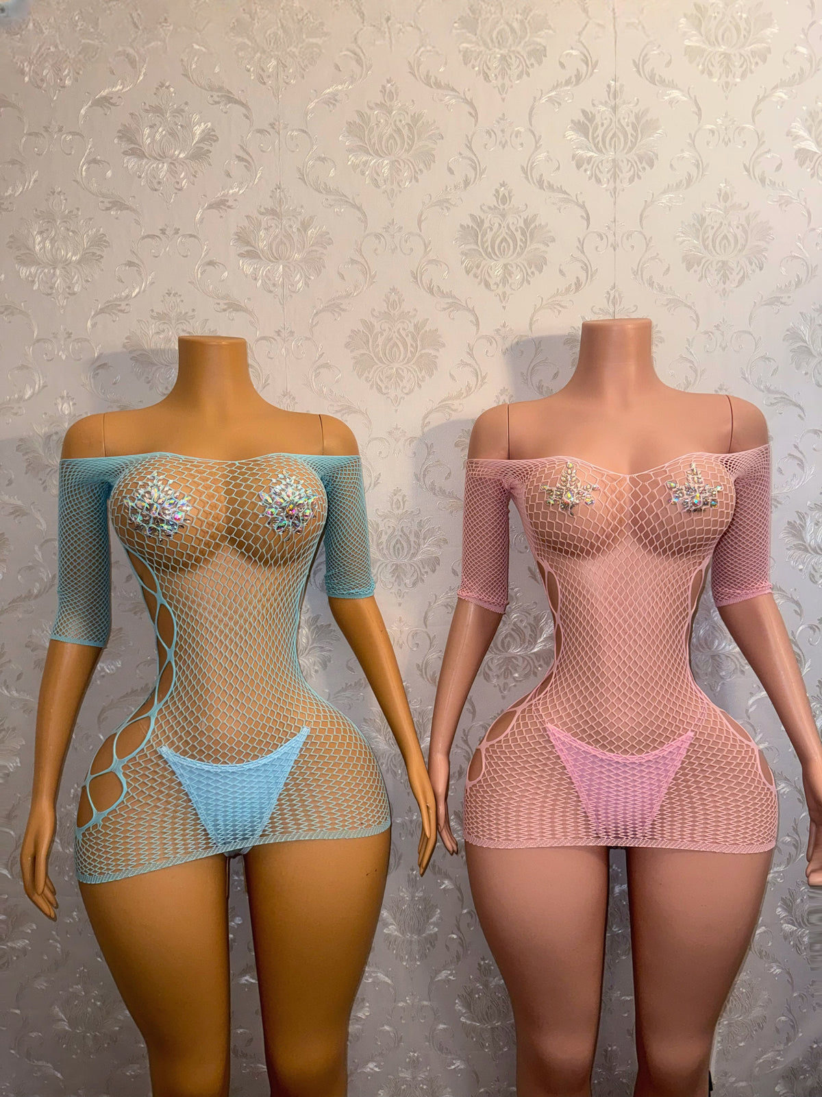 Teyana Fishnet Dress Optional Thong Fits XS-L