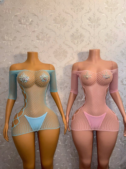 Teyana Fishnet Dress Optional Thong Fits XS-L