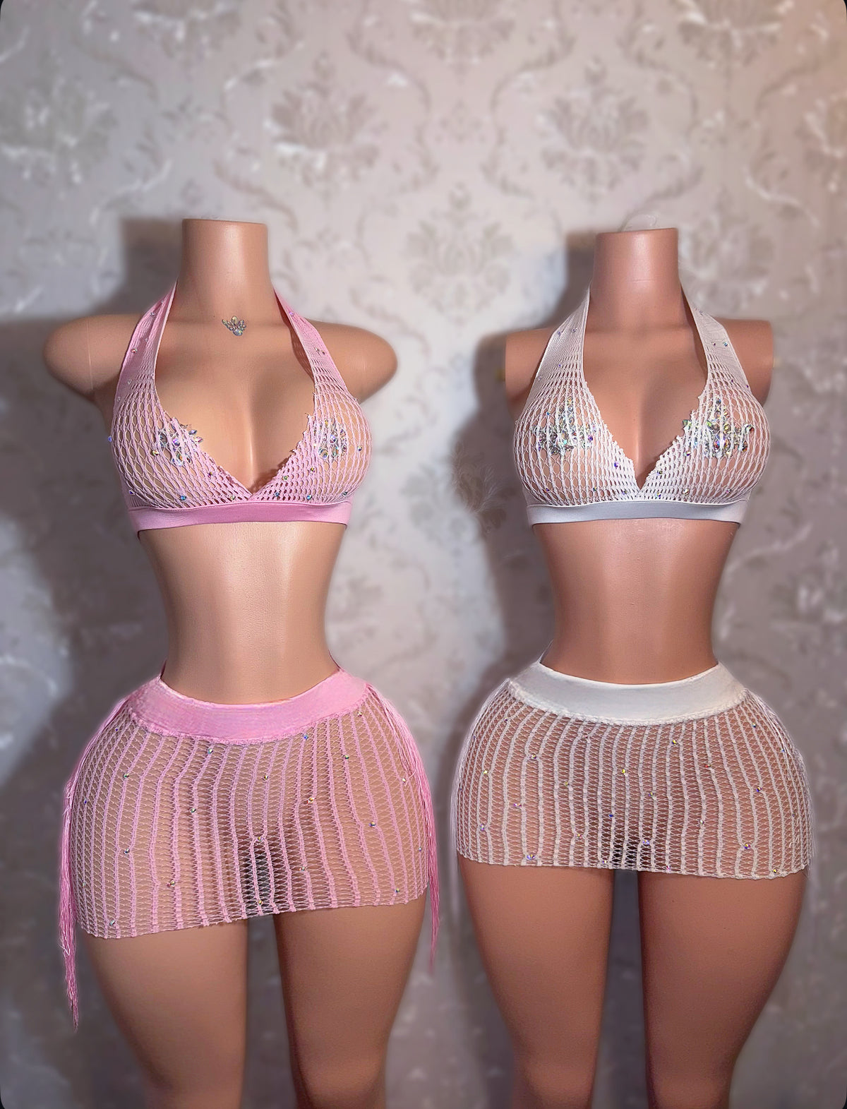 Kimmie Rhinestone Tassel Fishnet Skirt Set Fits S-L