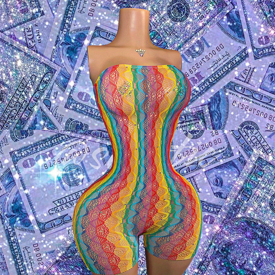 Tesehki Rainbow Fishnet Strapless Romper