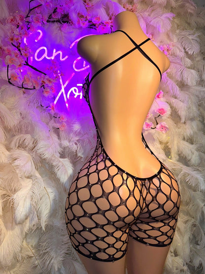 Apple Bottom Full Coverage Rhinestones Fishnet Romper Fits XS-M