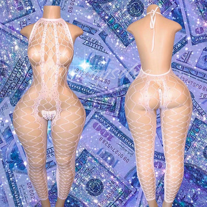 Giana Halter Fishnet Bodystocking Optional Rhinestones Fits XS-L