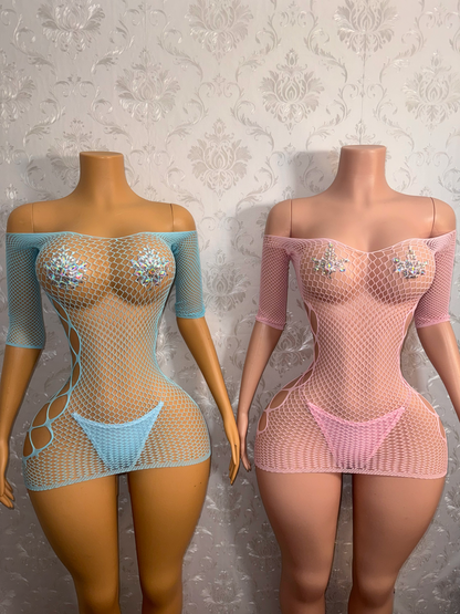 Teyana Fishnet Dress Optional Thong Fits XS-L