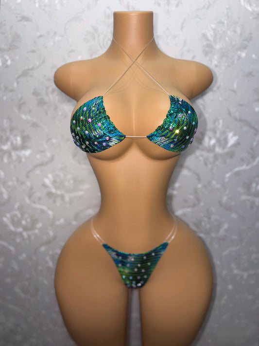 Indya Turquoise and Sea Green Rhinestone Triangle Bikini