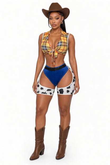 Ride Em Cowgirl 3 Piece Mesh Plaid Top, High Waist Bottoms and Chaps