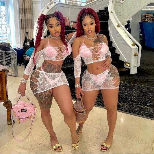 Harmonie Off Shoulder Fishnet Skirt Set Fits XS-L