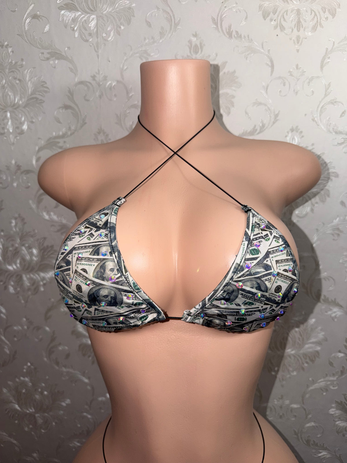 Bankroll Babe Money Print Rhinestone Bikini