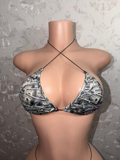 Bankroll Babe Money Print Rhinestone Bikini