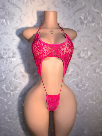 Sashay Hot Pink Lace Slingshot Fits XS-M