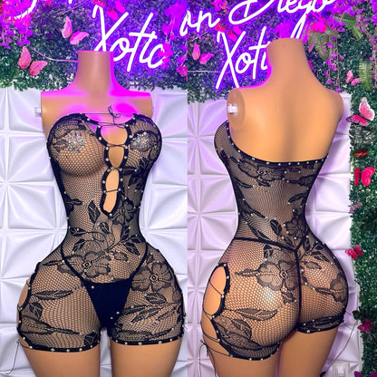 Gigi Lace Fishnet Romper Set with Thong Fits XS-XL