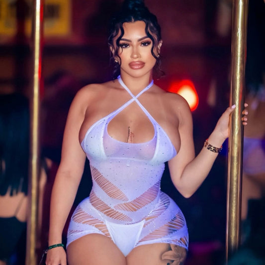 Naomi Rhinestone Fishnet Romper Fits XS-L