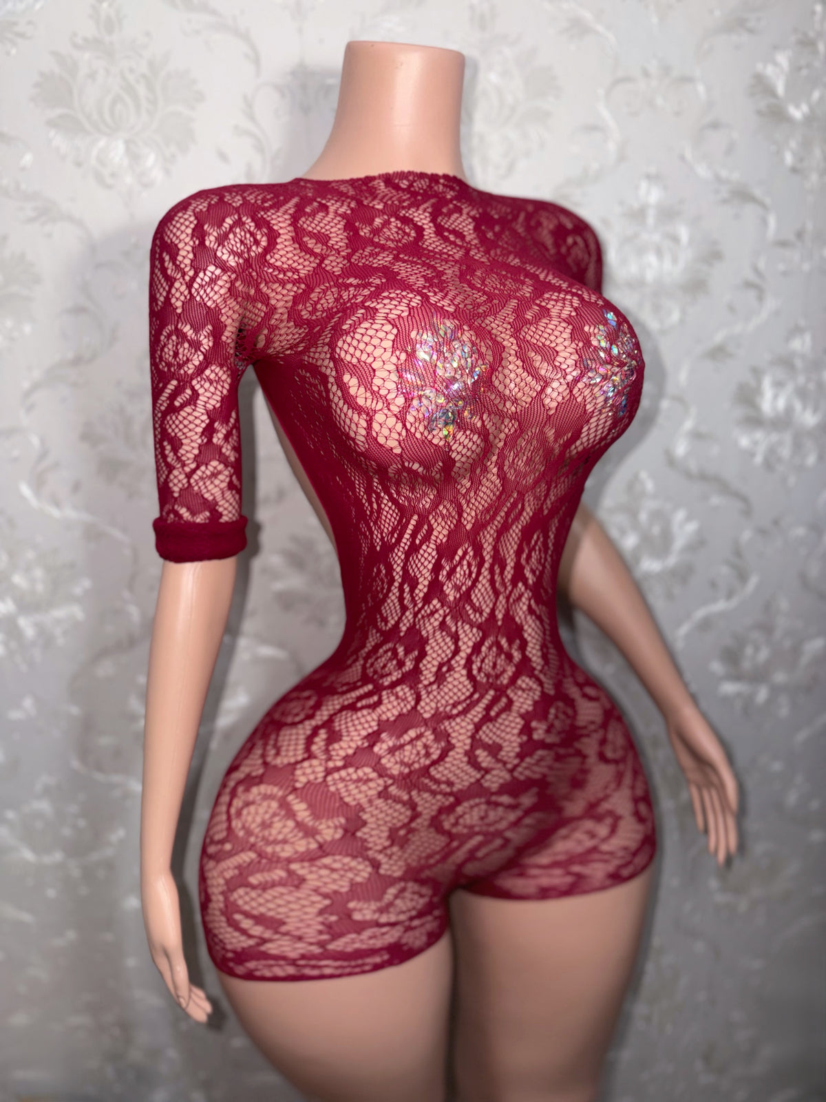 Suriyah Long Sleeve Backless Rose Fishnet Romper Fits XS-L