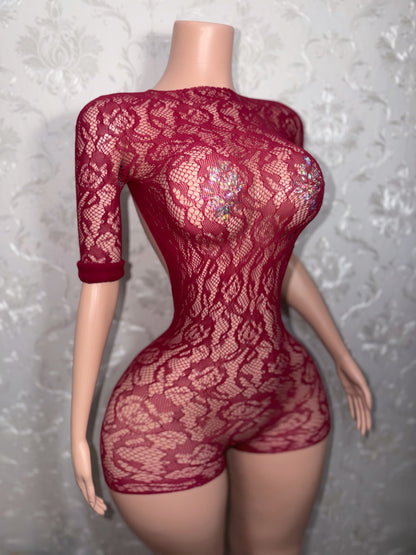 Suriyah Long Sleeve Backless Rose Fishnet Romper Fits XS-L