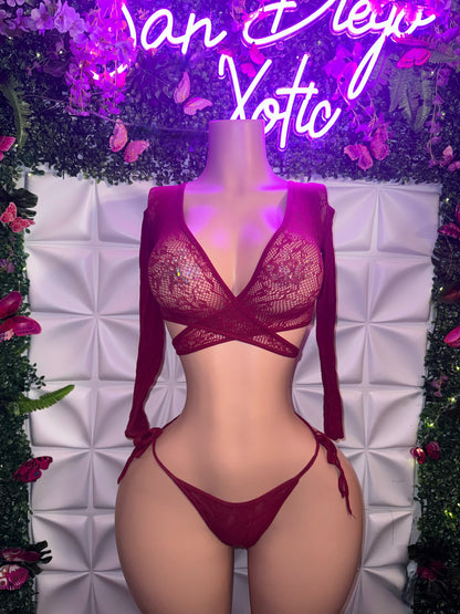 Venus Fishnet Criss Crossed Long Sleeve Top and Thong Fits XS-L