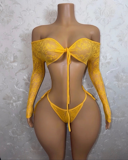 Venus Fishnet Criss Crossed Long Sleeve Top and Thong Fits XS-L