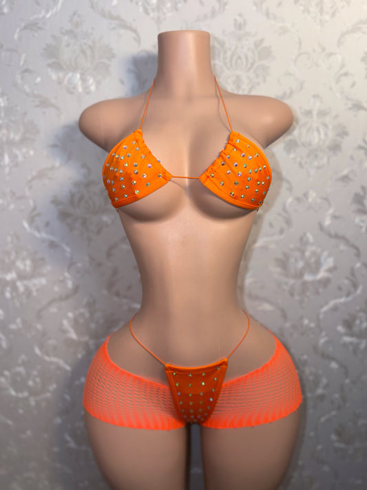 Martina 3 Piece Bikini and Cutoff Fishnet Shorts Set Fits S-XL