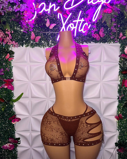 Ms. Daisy 3 Piece Fishnet Lace Shorts Set Front Clasp Bra & Thong