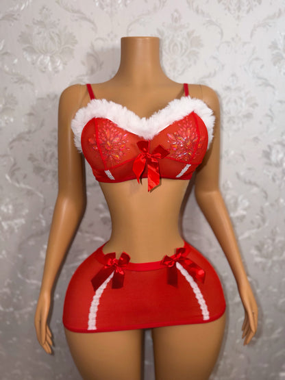 Put A Bow On It Fur Trim Skirt Set