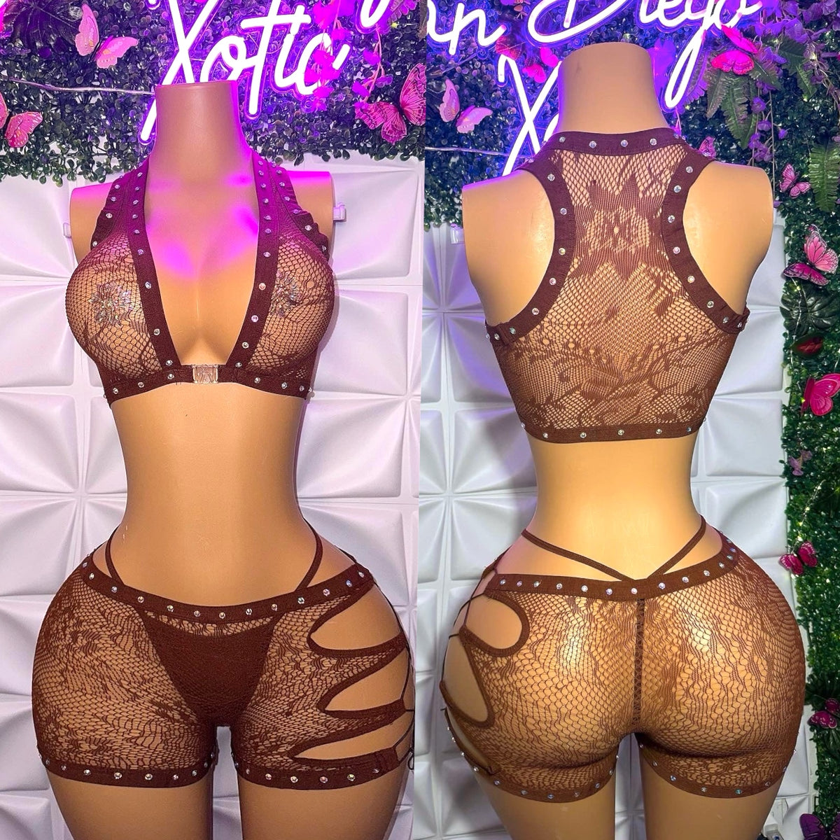 Ms. Daisy 3 Piece Fishnet Shorts Set With Thong Fits S-XL
