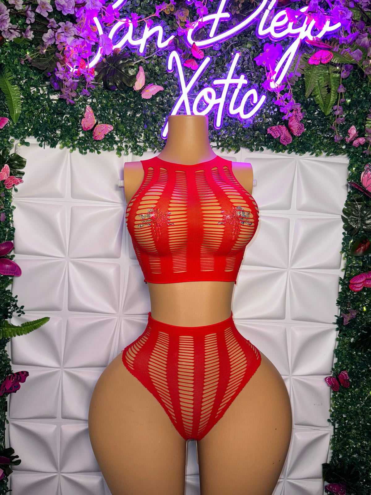 Moon Child Fishnet Slit Crop Tank and Thong Set Fits XS-L