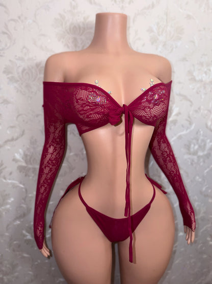 Venus Fishnet Criss Crossed Long Sleeve Top and Thong Fits XS-L