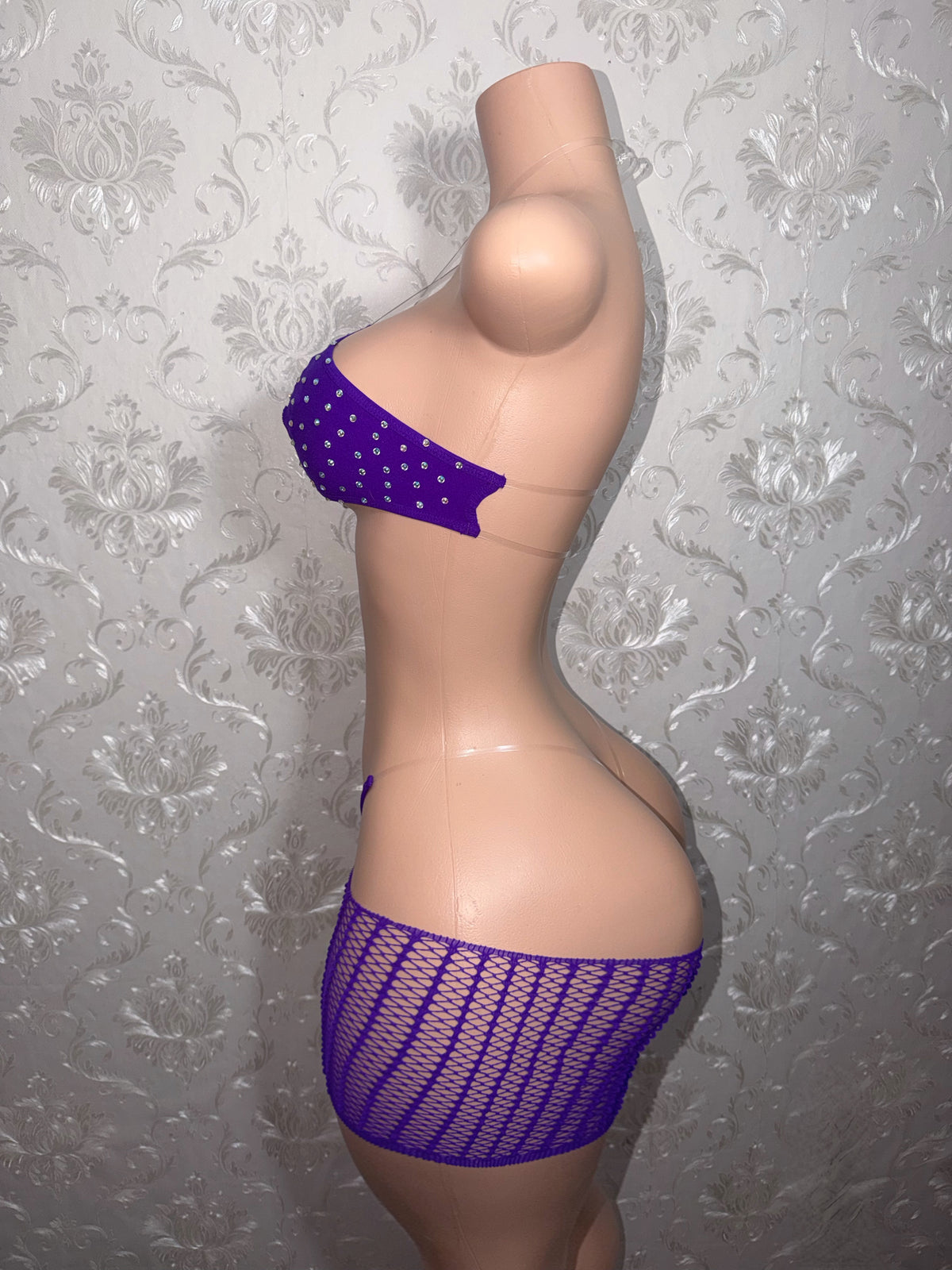 Riyah 3 Piece Set Rhinestone Mesh Kini with Cut-Off Fishnets Fits S-XL