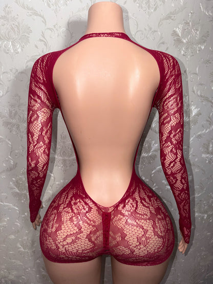 Suriyah Long Sleeve Backless Rose Fishnet Romper Fits XS-L